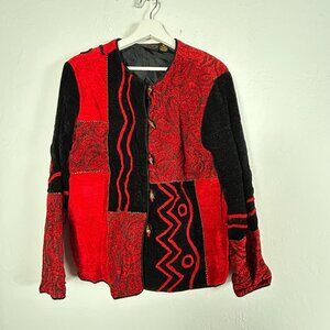 Julia Kin Womens Medium Patchwork Jacket Button-Up Black Red Paisley Art to Wear